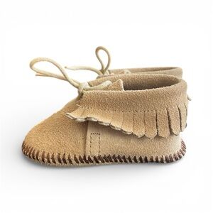 Vintage Newborn Baby Leather Fringe Moccasins Unisex With Tie, Foot Sole 4.25”